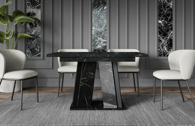Zimmer: Esszimmer, Oberflächenoptik: Marmoroptik, Ausgeklappter Tisch: 160 cm, Art des Gestells: V-Gestell, Breite der Tischplatte: 120 cm, Farbe der Tischplatte: Schwarz, Erweiterungselemente: 1, Art der Erweiterung: Einlegeplatte, Dicke der Tischplatte: 3,2 cm, Form: rechteckig, Anzahl der Beine: 1, Material der Gestells: Holzwerkstoff, Farbe: Schwarz Marmor / Schwarz, Farbe des Gestells: Schwarz, Breite: 120 cm, Tiefe: 80 cm, Höhe: 75 cm, Art des Erweiterungs: Einlegeplatte, Material des Gestells: Holzwerkstoff - 1