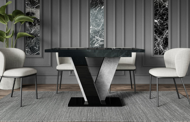 Zimmer: Esszimmer, Erweiterungselemente: 1, Ausgeklappter Tisch: 160 cm, Art des Gestells: V-Gestell, Art der Erweiterung: Einlegeplatte, Farbe der Tischplatte: Schwarz, Breite der Tischplatte: 120 cm, Form: rechteckig, Dicke der Tischplatte: 3,4 cm, Oberflächenoptik: Glänzend, Anzahl der Beine: 1, Material der Gestells: Holzwerkstoff, Farbe: Hochglanz Schwarz / Betonoptik, Farbe des Gestells: Schwarz Grau, Breite: 160 cm, Tiefe: 90 cm, Höhe: 75 cm, Art des Erweiterungs: Einlegeplatte, Material des Gestells: Holzwerkstoff - 1