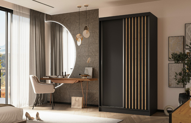 Breite: 120 cm, Tiefe: 61 cm, Abmeßung: 120 cm x 61 cm x 216 cm, Anzahl der Türen: 2, Art der Griffe: Griffleiste, Zimmer: Schlafzimmer, Art des Leuchtmittels: Mit LED, Farbe: Schwarz + Schwarz + Artisan, Anzahl der Fächer: 7, Anzahl der Schubladen: Ohne Schubladen, Front-Typ: Lamellen, Höhe: 216 cm, Schubladeninnenmaß - Tiefe: Nicht zutreffend, Art der Türen: Schwebetüren, Anzahl der Kleiderstangen: 1, Schubladeninnenmaß - Höhe: Nicht zutreffend, Material der Rückwand: MDF, Länge der Kleiderstange 1: 58 cm, Länge der Kleiderstange 2: Nicht zutreffend, Fachinnenmaß - Höhe: 34 cm, Fachinnenmaß 2 - Höhe: 41 cm, Fachinnenmaß - Breite: 63 cm, Fachinnenmaß 2 - Breite: 58 cm, Fachinnenmaß - Tiefe: 47 cm, Länge der Kleiderstangen: 58 cm, Breite des Fachinnenmaßes: 41 cm, Breite des Fachinnenmaßes 2: 58 cm, Größe: 120 cm x 61 cm x 216 cm - 1