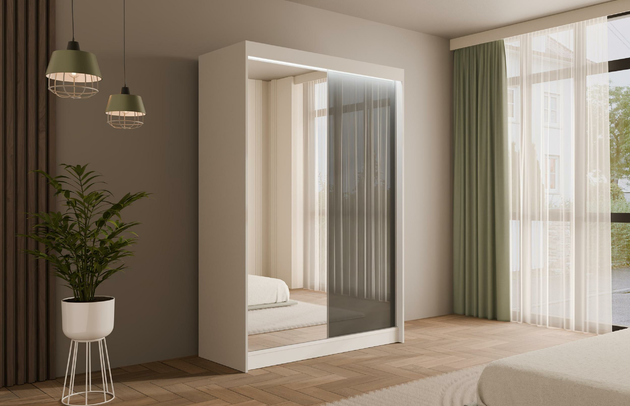 Höhe: 215 cm, Anzahl der Kleiderstangen: 1, Abmeßung: 120-cm-x-61-cm-x-215-cm, Farbe: Weiß + Lacobel Grau, Zimmer: Schlafzimmer, Breite: 120 cm, Fachinnenmaß - Tiefe: 47 cm, Anzahl der Spiegel: 1, Art der Türen: Schwebetüren, Anzahl der Fächer: 6, Front-Typ: Lacobel, Anzahl der Türen: 2, Fachinnenmaß - Höhe: 32 cm, Fachinnenmaß - Breite: 40 cm, Fachinnenmaß 2 - Höhe: 58 cm, Art der Griffe: Griffleiste, Fachinnenmaß 2 - Breite: 45 cm, Länge der Kleiderstange 2: Nicht zutreffend, Länge der Kleiderstange 1: 70 cm, Material der Rückwand: MDF, Tiefe: 61 cm, Art des Leuchtmittels: Mit LED, Länge der Kleiderstangen: 70 cm, Breite des Fachinnenmaßes: 58 cm, Breite des Fachinnenmaßes 2: 45 cm, Material: Holzwerkstoff, Größe: 120 cm x 61 cm x 215 cm - 1