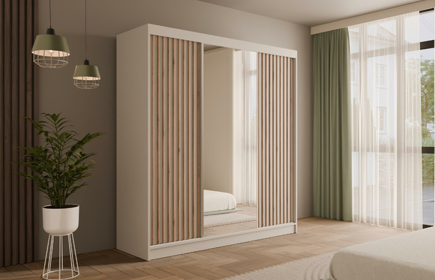 Höhe: 215 cm, Fachinnenmaß - Höhe: 35 cm, Zimmer: Schlafzimmer, Art der Griffe: Griffleiste, Front-Typ: Lamellen, Farbe: Weiß, Tiefe: 61 cm, Schubladeninnenmaß - Breite: 55 cm, Anzahl der Türen: 3, Anzahl der Spiegel: 1, Breite: 200 cm, Art der Türen: Schwebetüren, Schubladeninnenmaß - Höhe: 15 cm, Material der Rückwand: MDF, Schubladeninnenmaß - Tiefe: 40 cm, Länge der Kleiderstange 1: 78 cm, Länge der Kleiderstange 2: 78 cm, Anzahl der Fächer: 8, Fachinnenmaß - Breite: 36 cm, Fachinnenmaß 2 - Höhe: 58 cm, Fachinnenmaß 2 - Breite: 58 cm, Fachinnenmaß - Tiefe: 47 cm, Anzahl der Kleiderstangen: 2, Anzahl der Schubladen: 4, Länge der Kleiderstangen: 78 cm, Breite des Fachinnenmaßes: 58 cm, Breite des Fachinnenmaßes 2: 58 cm, Größe: 200 cm x 61 cm x 215 cm - 1