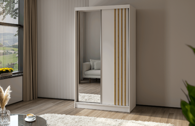 Art der Griffe: Griffleiste, Höhe: 216 cm, Abmeßung: 120 cm x 61 cm x 216 cm, Anzahl der Schubladen: Ohne Schubladen, Anzahl der Fächer: 7, Anzahl der Kleiderstangen: 1, Schubladeninnenmaß - Tiefe: Nicht zutreffend, Anzahl der Spiegel: 1, Anzahl der Türen: 2, Zimmer: Schlafzimmer, Art des Leuchtmittels: Mit LED, Farbe: Weiß + Weiß + Artisan, Art der Türen: Schwebetüren, Front-Typ: Lamellen, Breite: 120 cm, Schubladeninnenmaß - Höhe: Nicht zutreffend, Tiefe: 61 cm, Material der Rückwand: MDF, Länge der Kleiderstange 1: 58 cm, Länge der Kleiderstange 2: Nicht zutreffend, Fachinnenmaß - Höhe: 34 cm, Fachinnenmaß 2 - Höhe: 41 cm, Fachinnenmaß - Breite: 63 cm, Fachinnenmaß 2 - Breite: 58 cm, Fachinnenmaß - Tiefe: 47 cm, Länge der Kleiderstangen: 58 cm, Breite des Fachinnenmaßes: 41 cm, Breite des Fachinnenmaßes 2: 58 cm, Material: Holzwerkstoff, Größe: 120 cm x 61 cm x 216 cm - 1