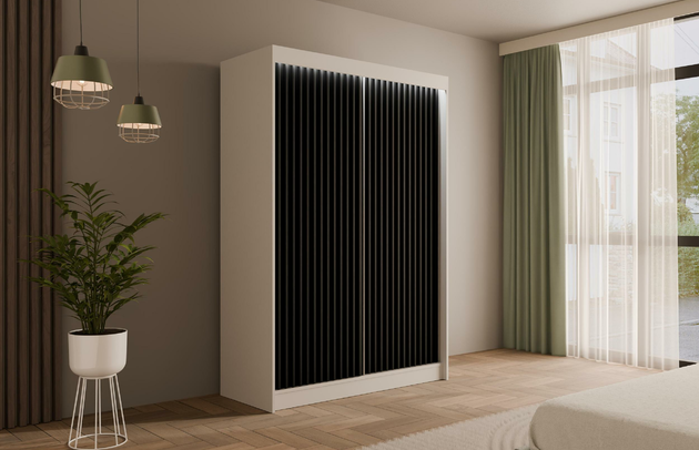 Höhe: 215 cm, Fachinnenmaß - Höhe: 32 cm, Abmeßung: 120-cm-x-61-cm-x-215-cm, Front-Typ: Lamellen, Anzahl der Türen: 2, Art der Griffe: Griffleiste, Tiefe: 61 cm, Farbe: Weiß + Lamelle schwarz, Fachinnenmaß - Tiefe: 47 cm, Art der Türen: Schwebetüren, Anzahl der Fächer: 6, Zimmer: Schlafzimmer, Fachinnenmaß - Breite: 40 cm, Anzahl der Kleiderstangen: 1, Fachinnenmaß 2 - Höhe: 58 cm, Breite: 120 cm, Fachinnenmaß 2 - Breite: 45 cm, Länge der Kleiderstange 1: 70 cm, Material der Rückwand: MDF, Art des Leuchtmittels: Mit LED, Länge der Kleiderstangen: 70 cm, Breite des Fachinnenmaßes: 58 cm, Breite des Fachinnenmaßes 2: 45 cm, Größe: 120 cm x 61 cm x 215 cm - 1