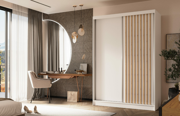 Breite: 150 cm, Tiefe: 61 cm, Abmeßung: 150 cm x 61 cm x 216 cm, Anzahl der Türen: 2, Art der Griffe: Griffleiste, Zimmer: Schlafzimmer, Art des Leuchtmittels: Mit LED, Farbe: Weiß + Weiß + Artisan, Anzahl der Fächer: 4, Anzahl der Schubladen: Ohne Schubladen, Front-Typ: Lamellen, Höhe: 216 cm, Schubladeninnenmaß - Tiefe: Nicht zutreffend, Art der Türen: Schwebetüren, Anzahl der Kleiderstangen: 2, Schubladeninnenmaß - Höhe: Nicht zutreffend, Material der Rückwand: MDF, Länge der Kleiderstange 1: 73 cm, Länge der Kleiderstange 2: 73 cm, Fachinnenmaß - Höhe: 41 cm, Fachinnenmaß 2 - Höhe: Nicht zutreffend, Fachinnenmaß - Breite: 73 cm, Fachinnenmaß 2 - Breite: Nicht zutreffend, Fachinnenmaß - Tiefe: 47 cm, Länge der Kleiderstangen: 73 cm, Größe: 150 cm x 61 cm x 216 cm - 1