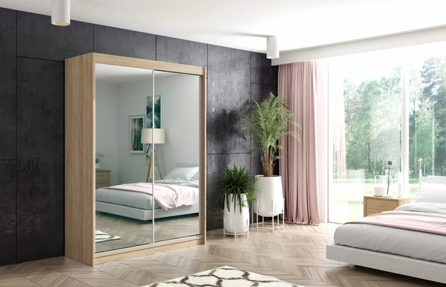 Farbe: Sonoma, Größe: 120 cm x 61 cm x 216 cm, Art der Griffe: Griffleiste, Höhe: 216 cm, Anzahl der Fächer: 7, Anzahl der Kleiderstangen: 1, Anzahl der Spiegel: 2, Anzahl der Türen: 2, Zimmer: Schlafzimmer, Art des Leuchtmittels: Mit LED, Art der Türen: Schwebetüren, Front-Typ: Spiegelglass, Breite: 120 cm, Tiefe: 61 cm, Material der Rückwand: MDF, Länge der Kleiderstange 1: 58 cm, Fachinnenmaß - Höhe: 34 cm, Fachinnenmaß 2 - Höhe: 41 cm, Fachinnenmaß - Breite: 63 cm, Fachinnenmaß 2 - Breite: 58 cm, Fachinnenmaß - Tiefe: 47 cm, Länge der Kleiderstangen: 58 cm, Breite des Fachinnenmaßes: 41 cm, Breite des Fachinnenmaßes 2: 58 cm, Material: Holzwerkstoff - 1