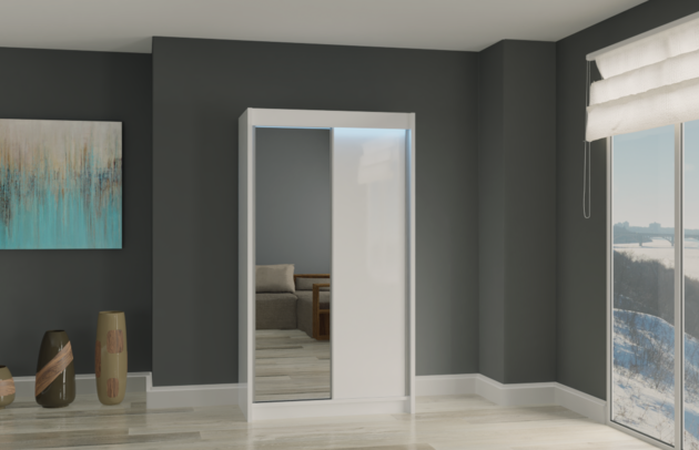 Art der Griffe: Griffleiste, Front-Typ: Glatt, Abmeßung: 150 cm x 61 cm x 216 cm, Anzahl der Kleiderstangen: 2, Anzahl der Spiegel: 1, Anzahl der Türen: 2, Fachinnenmaß - Tiefe: 47 cm, Zimmer: Schlafzimmer, Art des Leuchtmittels: Mit LED, Farbe: Weiß, Breite: 150 cm, Tiefe: 61 cm, Anzahl der Fächer: 4, Art der Türen: Schwebetüren, Material der Rückwand: MDF, Höhe: 216 cm, Länge der Kleiderstange 1: 73 cm, Länge der Kleiderstange 2: 73 cm, Fachinnenmaß - Höhe: 41 cm, Fachinnenmaß - Breite: 73 cm, Länge der Kleiderstangen: 73 cm, Größe: 150 cm x 61 cm x 216 cm - 1