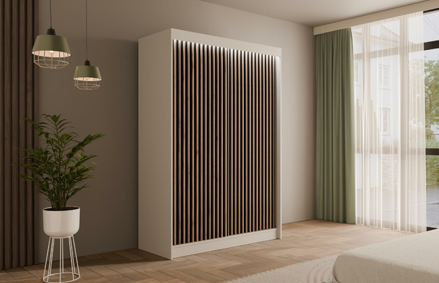 Höhe: 215 cm, Fachinnenmaß - Höhe: 32 cm, Abmeßung: 120-cm-x-61-cm-x-215-cm, Front-Typ: Lamellen, Anzahl der Türen: 2, Art der Griffe: Griffleiste, Tiefe: 61 cm, Farbe: Weiß + Lamelle Eiche Wotan, Fachinnenmaß - Tiefe: 47 cm, Art der Türen: Schwebetüren, Anzahl der Fächer: 6, Zimmer: Schlafzimmer, Fachinnenmaß - Breite: 40 cm, Anzahl der Kleiderstangen: 1, Fachinnenmaß 2 - Höhe: 58 cm, Breite: 120 cm, Fachinnenmaß 2 - Breite: 45 cm, Länge der Kleiderstange 1: 70 cm, Material der Rückwand: MDF, Art des Leuchtmittels: Mit LED, Länge der Kleiderstangen: 70 cm, Breite des Fachinnenmaßes: 58 cm, Breite des Fachinnenmaßes 2: 45 cm, Größe: 120 cm x 61 cm x 215 cm - 1