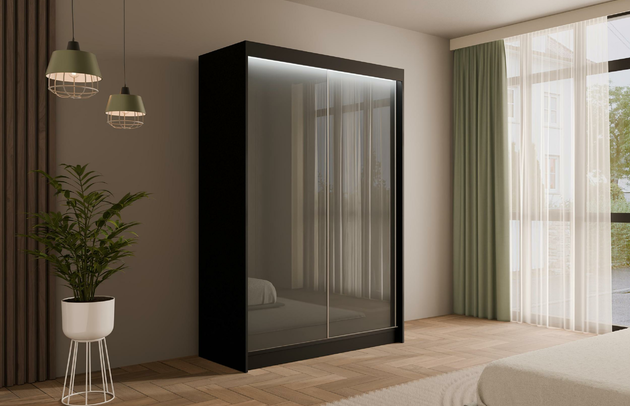 Höhe: 215 cm, Fachinnenmaß - Höhe: 32 cm, Abmeßung: 120-cm-x-61-cm-x-215-cm, Front-Typ: Lacobel, Anzahl der Türen: 2, Art der Griffe: Griffleiste, Tiefe: 61 cm, Farbe: Schwarz + Lacobel Grau, Fachinnenmaß - Tiefe: 47 cm, Art der Türen: Schwebetüren, Anzahl der Fächer: 6, Zimmer: Schlafzimmer, Fachinnenmaß - Breite: 40 cm, Anzahl der Kleiderstangen: 1, Fachinnenmaß 2 - Höhe: 58 cm, Breite: 120 cm, Fachinnenmaß 2 - Breite: 45 cm, Länge der Kleiderstange 1: 70 cm, Material der Rückwand: MDF, Art des Leuchtmittels: Mit LED, Länge der Kleiderstangen: 70 cm, Breite des Fachinnenmaßes: 58 cm, Breite des Fachinnenmaßes 2: 45 cm, Größe: 120 cm x 61 cm x 215 cm - 1