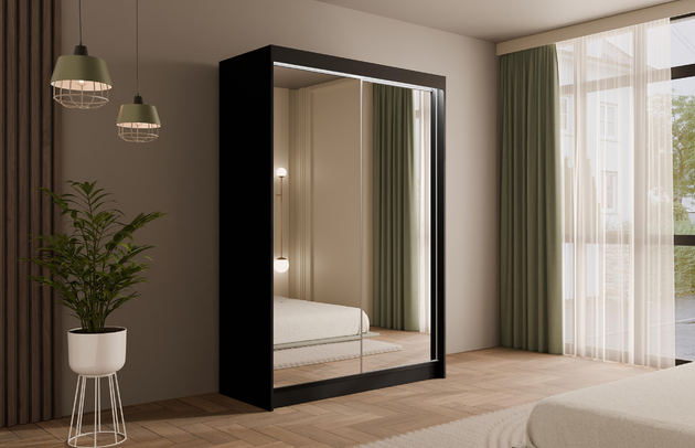 Höhe: 215 cm, Fachinnenmaß - Höhe: 32 cm, Abmeßung: 120-cm-x-61-cm-x-215-cm, Front-Typ: Spiegelglass, Anzahl der Türen: 2, Art der Griffe: Griffleiste, Tiefe: 61 cm, Farbe: Schwarz, Fachinnenmaß - Tiefe: 47 cm, Art der Türen: Schwebetüren, Anzahl der Fächer: 6, Zimmer: Schlafzimmer, Fachinnenmaß - Breite: 40 cm, Anzahl der Kleiderstangen: 1, Fachinnenmaß 2 - Höhe: 58 cm, Breite: 120 cm, Fachinnenmaß 2 - Breite: 45 cm, Länge der Kleiderstange 1: 70 cm, Material der Rückwand: MDF, Art des Leuchtmittels: Mit LED, Länge der Kleiderstangen: 70 cm, Breite des Fachinnenmaßes: 58 cm, Breite des Fachinnenmaßes 2: 45 cm, Größe: 120 cm x 61 cm x 215 cm - 1