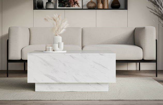 Zimmer: Wohnzimmer, Art des Gestells: Sockelgestell, Höhe der Tischplatte: 1,6 cm, Breite der Tischplatte: 60 cm, Oberflächenoptik: Marmoroptik, Farbe: Weiß Marmor, Farbe der Tischplatte: Weiß Marmor, Farbe des Gestells: Weiß Marmor, Breite: 90 cm, Tiefe: 60 cm, Höhe: 40 cm, Form: rechteckig, Material des Gestells: Holzwerkstoff - 1