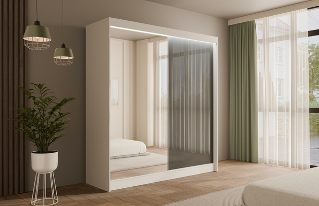 Höhe: 215 cm, Anzahl der Kleiderstangen: 2, Abmeßung: 200-cm-x-61-cm-x-215-cm, Farbe: Weiß + Lacobel Grau, Zimmer: Schlafzimmer, Breite: 200 cm, Fachinnenmaß - Tiefe: 47 cm, Anzahl der Spiegel: 1, Art der Türen: Schwebetüren, Anzahl der Fächer: 8, Front-Typ: Lacobel, Anzahl der Türen: 2, Fachinnenmaß - Höhe: 32 cm, Fachinnenmaß - Breite: 41 cm, Fachinnenmaß 2 - Höhe: 114 cm, Art der Griffe: Griffleiste, Fachinnenmaß 2 - Breite: 48 cm, Länge der Kleiderstange 2: 98 cm, Länge der Kleiderstange 1: 48 cm, Material der Rückwand: MDF, Tiefe: 61 cm, Art des Leuchtmittels: Mit LED, Länge der Kleiderstangen: 48 cm, Breite des Fachinnenmaßes: 114 cm, Breite des Fachinnenmaßes 2: 48 cm, Material: Holzwerkstoff, Größe: 200 cm x 61 cm x 215 cm - 1