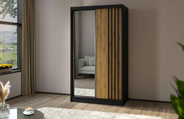 Art der Griffe: Griffleiste, Höhe: 216 cm, Abmeßung: 120 cm x 61 cm x 216 cm, Anzahl der Schubladen: Ohne Schubladen, Anzahl der Fächer: 7, Anzahl der Kleiderstangen: 1, Schubladeninnenmaß - Tiefe: Nicht zutreffend, Anzahl der Spiegel: 1, Anzahl der Türen: 2, Zimmer: Schlafzimmer, Art des Leuchtmittels: Mit LED, Farbe: Schwarz + Artisan + Schwarz, Art der Türen: Schwebetüren, Front-Typ: Lamellen, Breite: 120 cm, Schubladeninnenmaß - Höhe: Nicht zutreffend, Tiefe: 61 cm, Material der Rückwand: MDF, Länge der Kleiderstange 1: 58 cm, Länge der Kleiderstange 2: Nicht zutreffend, Fachinnenmaß - Höhe: 34 cm, Fachinnenmaß 2 - Höhe: 41 cm, Fachinnenmaß - Breite: 63 cm, Fachinnenmaß 2 - Breite: 58 cm, Fachinnenmaß - Tiefe: 47 cm, Länge der Kleiderstangen: 58 cm, Breite des Fachinnenmaßes: 41 cm, Breite des Fachinnenmaßes 2: 58 cm, Material: Holzwerkstoff, Größe: 120 cm x 61 cm x 216 cm - 1