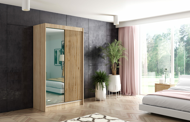 Fachinnenmaß - Höhe: 32 cm, Fachinnenmaß 2 - Höhe: 58 cm, Front-Typ: Lamellen, Farbe: Eiche Sonoma + Eiche Sonoma + Lamelle Eiche Wotan, Art der Türen: Schwebetüren, Zimmer: Schlafzimmer, Anzahl der Spiegel: 1, Anzahl der Türen: 2, Fachinnenmaß - Tiefe: 47 cm, Anzahl der Fächer: 6, Höhe: 215 cm, Breite: 120 cm, Anzahl der Kleiderstangen: 1, Art der Griffe: Griffleiste, Fachinnenmaß - Breite: 40 cm, Fachinnenmaß 2 - Breite: 45 cm, Länge der Kleiderstange 2: Nicht zutreffend, Länge der Kleiderstange 1: 70 cm, Material der Rückwand: MDF, Tiefe: 61 cm, Art des Leuchtmittels: Mit LED, Länge der Kleiderstangen: 70 cm, Breite des Fachinnenmaßes: 58 cm, Breite des Fachinnenmaßes 2: 45 cm, Größe: 120 cm x 61 cm x 215 cm - 1