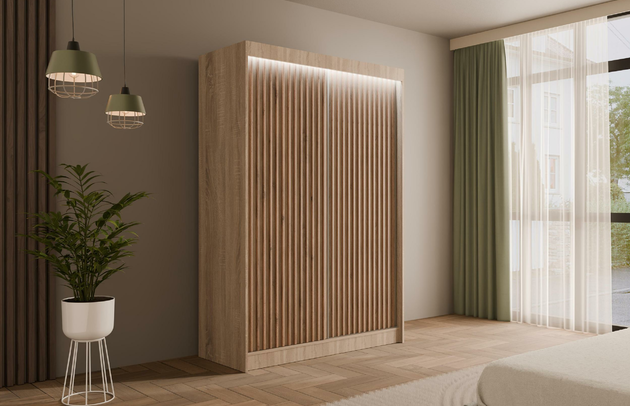 Höhe: 215 cm, Fachinnenmaß - Höhe: 32 cm, Abmeßung: 120-cm-x-61-cm-x-215-cm, Front-Typ: Lamellen, Anzahl der Türen: 2, Art der Griffe: Griffleiste, Tiefe: 61 cm, Farbe: Eiche Sonoma + Eiche Sonoma + Lamelle Eiche Wotan, Fachinnenmaß - Tiefe: 47 cm, Art der Türen: Schwebetüren, Anzahl der Fächer: 6, Zimmer: Schlafzimmer, Fachinnenmaß - Breite: 40 cm, Anzahl der Kleiderstangen: 1, Fachinnenmaß 2 - Höhe: 58 cm, Breite: 120 cm, Fachinnenmaß 2 - Breite: 45 cm, Länge der Kleiderstange 1: 70 cm, Material der Rückwand: MDF, Art des Leuchtmittels: Mit LED, Länge der Kleiderstangen: 70 cm, Breite des Fachinnenmaßes: 58 cm, Breite des Fachinnenmaßes 2: 45 cm, Größe: 120 cm x 61 cm x 215 cm - 1