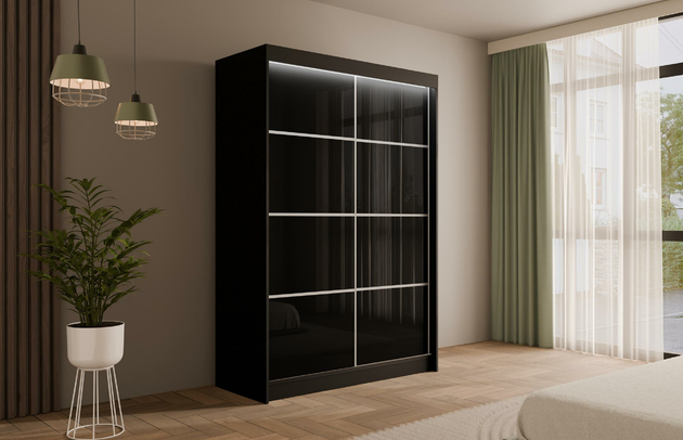 Höhe: 215 cm, Fachinnenmaß - Höhe: 32 cm, Abmeßung: 120-cm-x-61-cm-x-215-cm, Front-Typ: Lacobel, Anzahl der Türen: 2, Art der Griffe: Griffleiste, Tiefe: 61 cm, Farbe: Schwarz + silber Sprossen, Fachinnenmaß - Tiefe: 47 cm, Art der Türen: Schwebetüren, Anzahl der Fächer: 6, Zimmer: Schlafzimmer, Fachinnenmaß - Breite: 40 cm, Anzahl der Kleiderstangen: 1, Fachinnenmaß 2 - Höhe: 58 cm, Breite: 120 cm, Fachinnenmaß 2 - Breite: 45 cm, Länge der Kleiderstange 1: 70 cm, Material der Rückwand: MDF, Art des Leuchtmittels: Mit LED, Länge der Kleiderstangen: 70 cm, Breite des Fachinnenmaßes: 58 cm, Breite des Fachinnenmaßes 2: 45 cm, Größe: 120 cm x 61 cm x 215 cm - 1