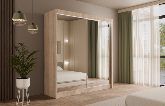 Höhe: 215 cm, Fachinnenmaß - Höhe: 32 cm, Abmeßung: 200-cm-x-61-cm-x-215-cm, Front-Typ: Spiegelglass, Anzahl der Türen: 2, Art der Griffe: Griffleiste, Tiefe: 61 cm, Farbe: Eiche Sonoma, Fachinnenmaß - Tiefe: 47 cm, Art der Türen: Schwebetüren, Anzahl der Fächer: 8, Zimmer: Schlafzimmer, Fachinnenmaß - Breite: 41 cm, Anzahl der Kleiderstangen: 2, Fachinnenmaß 2 - Höhe: 114 cm, Breite: 200 cm, Fachinnenmaß 2 - Breite: 48 cm, Länge der Kleiderstange 2: 98 cm, Länge der Kleiderstange 1: 48 cm, Material der Rückwand: MDF, Art des Leuchtmittels: Mit LED, Länge der Kleiderstangen: 48 cm, Breite des Fachinnenmaßes: 114 cm, Breite des Fachinnenmaßes 2: 48 cm, Größe: 200 cm x 61 cm x 215 cm - 1