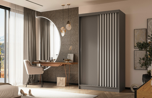 Breite: 120 cm, Tiefe: 61 cm, Abmeßung: 120 cm x 61 cm x 216 cm, Anzahl der Türen: 2, Art der Griffe: Griffleiste, Zimmer: Schlafzimmer, Art des Leuchtmittels: Mit LED, Farbe: Grau + Grau + Weiß, Anzahl der Fächer: 7, Anzahl der Schubladen: Ohne Schubladen, Front-Typ: Lamellen, Höhe: 216 cm, Schubladeninnenmaß - Tiefe: Nicht zutreffend, Art der Türen: Schwebetüren, Anzahl der Kleiderstangen: 1, Schubladeninnenmaß - Höhe: Nicht zutreffend, Material der Rückwand: MDF, Länge der Kleiderstange 1: 58 cm, Länge der Kleiderstange 2: Nicht zutreffend, Fachinnenmaß - Höhe: 34 cm, Fachinnenmaß 2 - Höhe: 41 cm, Fachinnenmaß - Breite: 63 cm, Fachinnenmaß 2 - Breite: 58 cm, Fachinnenmaß - Tiefe: 47 cm, Länge der Kleiderstangen: 58 cm, Breite des Fachinnenmaßes: 41 cm, Breite des Fachinnenmaßes 2: 58 cm, Größe: 120 cm x 61 cm x 216 cm - 1