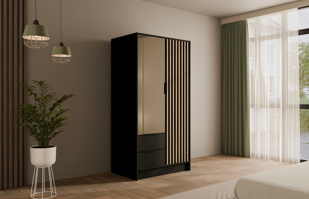 Anzahl der Spiegel: 1, Abmeßung: 102-cm-x-51-cm-x-200-cm, Schubladeninnenmaß - Breite: 47,5 cm, Tiefe: 51 cm, Anzahl der Türen: 2, Farbe: Schwarz + Eiche Artisan, Art der Griffe: Griffleiste, Zimmer: Schlafzimmer, Schubladeninnenmaß - Höhe: 15 cm, Länge der Kleiderstange 1: 48 cm, Anzahl der Fächer: 5, Schubladeninnenmaß - Tiefe: 40 cm, Art der Türen: Flügeltüren, Fachinnenmaß - Tiefe: 49 cm, Fachinnenmaß - Höhe: 36 cm, Front-Typ: Lamellen, Höhe: 200 cm, Material der Rückwand: MDF, Breite: 102 cm, Anzahl der Kleiderstangen: 1, Anzahl der Schubladen: 2, Fachinnenmaß 2 - Höhe: 49 cm, Länge der Kleiderstangen: 48 cm, Breite des Fachinnenmaßes: 49 cm, Material: Holzwerkstoff, Ausstattung: Mit Spiegel, Größe: 102 cm x 51 cm x 200 cm - 1