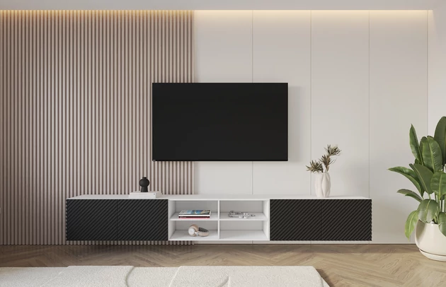 Material: Holzwerkstoff, Material der Rückwand: MDF, Ausführung: Hängend, Größe: 3 x 100 cm, Farbe: Weiß und Schwarz, Zimmer: Wohnzimmer, Anzahl der Türen: 4, Front-Typ: Gefräste, Art der Griffe: Griffleiste, Art der Türen: Klapptür, Breite: 300 cm, Tiefe: 40 cm, Höhe: 40 cm, Geschlossene Fächer: 8, Offene Fächer: 4, Anzahl der Teile: 3 - 1
