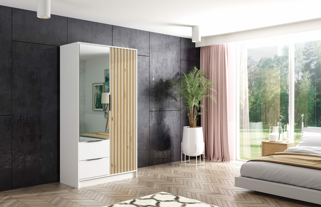 Breite: 102 cm, Anzahl der Fächer: 5, Abmeßung: 102-cm-x-51-cm-x-200-cm, Zimmer: Schlafzimmer, Front-Typ: Lamellen, Farbe: Weiß + Weiß + Eiche Artisan, Art der Türen: Flügeltüren, Schubladeninnenmaß - Breite: 47,5 cm, Anzahl der Spiegel: 1, Tiefe: 51 cm, Schubladeninnenmaß - Höhe: 15 cm, Anzahl der Türen: 2, Schubladeninnenmaß - Tiefe: 40 cm, Länge der Kleiderstange 1: 48 cm, Fachinnenmaß - Tiefe: 49 cm, Fachinnenmaß - Höhe: 36 cm, Art der Griffe: Griffleiste, Höhe: 200 cm, Material der Rückwand: MDF, Anzahl der Kleiderstangen: 1, Anzahl der Schubladen: 2, Länge der Kleiderstangen: 48 cm, Breite des Fachinnenmaßes: 49 cm, Größe: 102 cm x 51 cm x 200 cm - 1