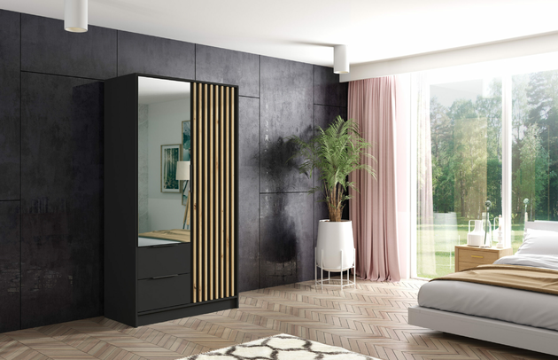 Breite: 102 cm, Anzahl der Fächer: 5, Abmeßung: 102-cm-x-51-cm-x-200-cm, Zimmer: Schlafzimmer, Front-Typ: Lamellen, Farbe: Schwarz + Eiche Artisan, Art der Türen: Flügeltüren, Schubladeninnenmaß - Breite: 47,5 cm, Anzahl der Spiegel: 1, Tiefe: 51 cm, Schubladeninnenmaß - Höhe: 15 cm, Anzahl der Türen: 2, Schubladeninnenmaß - Tiefe: 40 cm, Länge der Kleiderstange 1: 48 cm, Fachinnenmaß - Tiefe: 49 cm, Fachinnenmaß - Höhe: 36 cm, Art der Griffe: Griffleiste, Höhe: 200 cm, Material der Rückwand: MDF, Anzahl der Kleiderstangen: 1, Anzahl der Schubladen: 2, Länge der Kleiderstangen: 48 cm, Breite des Fachinnenmaßes: 49 cm, Größe: 102 cm x 51 cm x 200 cm - 1