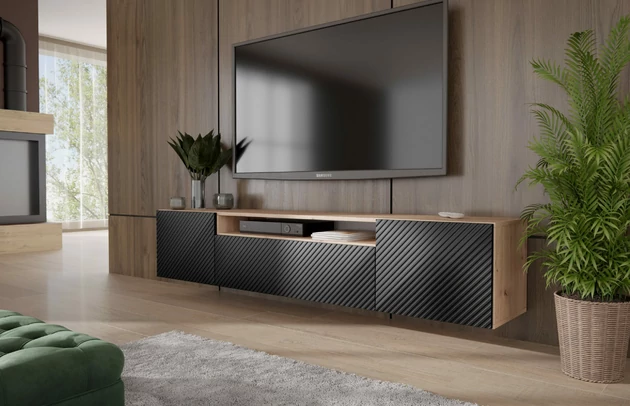 Material: Holzwerkstoff, Material der Rückwand: MDF, Ausführung: Hängend, Größe: 200 cm, Farbe: Artisan und Schwarz, Zimmer: Wohnzimmer, Anzahl der Türen: 3, Front-Typ: Gefräste, Art der Griffe: Griffleiste, Art der Türen: Klapptür, Breite: 200 cm, Tiefe: 41 cm, Höhe: 40 cm, Geschlossene Fächer: 3, Offene Fächer: 1 - 1