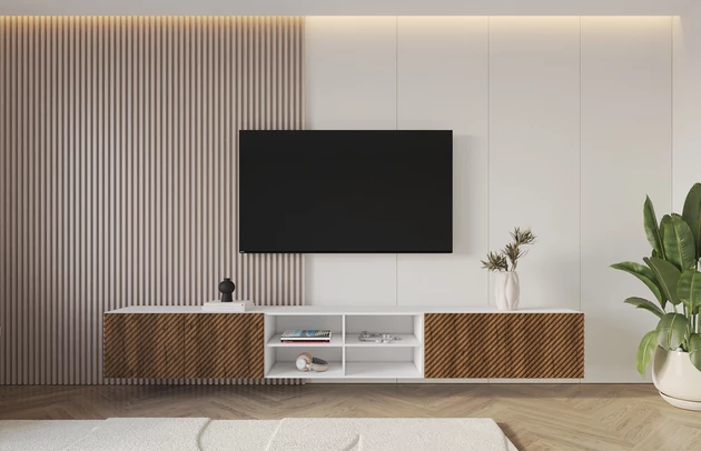 Material: Holzwerkstoff, Material der Rückwand: MDF, Ausführung: Hängend, Größe: 3 x 100 cm, Farbe: Weiß und Katania, Zimmer: Wohnzimmer, Anzahl der Türen: 4, Front-Typ: Gefräste, Art der Griffe: Griffleiste, Art der Türen: Klapptür, Breite: 300 cm, Tiefe: 40 cm, Höhe: 40 cm, Geschlossene Fächer: 8, Offene Fächer: 4, Anzahl der Teile: 3 - 1