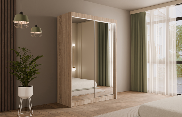 Höhe: 215 cm, Fachinnenmaß - Höhe: 32 cm, Abmeßung: 150-cm-x-61-cm-x-215-cm, Front-Typ: Spiegelglass, Anzahl der Türen: 2, Art der Griffe: Griffleiste, Tiefe: 61 cm, Farbe: Eiche Sonoma, Fachinnenmaß - Tiefe: 47 cm, Art der Türen: Schwebetüren, Anzahl der Fächer: 10, Zimmer: Schlafzimmer, Fachinnenmaß - Breite: 40 cm, Anzahl der Kleiderstangen: 1, Fachinnenmaß 2 - Höhe: 73 cm, Breite: 150 cm, Fachinnenmaß 2 - Breite: 38 cm, Länge der Kleiderstange 1: 67 cm, Material der Rückwand: MDF, Art des Leuchtmittels: Mit LED, Länge der Kleiderstangen: 67 cm, Breite des Fachinnenmaßes: 73 cm, Breite des Fachinnenmaßes 2: 38 cm, Größe: 150 cm x 61 cm x 215 cm - 1