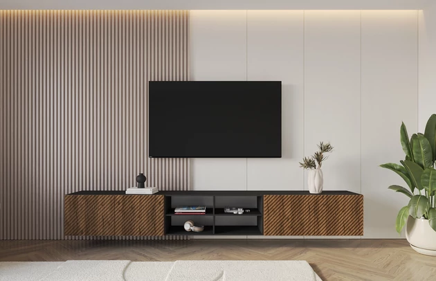 Material: Holzwerkstoff, Material der Rückwand: MDF, Ausführung: Hängend, Größe: 3 x 100 cm, Farbe: Schwarz und Katania, Zimmer: Wohnzimmer, Anzahl der Türen: 4, Front-Typ: Gefräste, Art der Griffe: Griffleiste, Art der Türen: Klapptür, Breite: 300 cm, Tiefe: 40 cm, Höhe: 40 cm, Geschlossene Fächer: 8, Offene Fächer: 4, Anzahl der Teile: 3 - 1