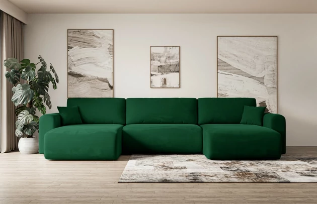 Bezug: Samt, Farbe: Grün - Kronos 19, Stellvariante: U-Form, Stoffbeschreibung: KRONOS: Scheuerfester (50.000 Martindale-Zyklen), flauschiger Möbelstoff mit weicher Plüschoberfläche, lichtecht (5), reibecht (4-5), pillingarm (4). Gewicht 275 g/m2 ±5%., Materialzusammensetzung: 100% Polyester, Pilling Resistenz: 5, Abriebfestigkeit: 5, Scheuerbeständigkeit: 50000 Martindale-Zyklen, Zimmer: Wohnzimmer, Tiefe: 145 cm, Breite: 362 cm, Höhe: 83 cm, Schlaffunktion: Mit Schlaffunktion, Länge der Schlaffläche: 321 cm, Breite der Schlaffläche: 125-cm, Liegehöhe: 40 cm, Anzahl der Sitzflächen: 4, Sitzfüllung: Wellenfeder + T30-Schaumstoff, Anzahl der Rückenkissen: 3, Art der Rückenkissen: Abnehmabr, Annzahl der Sitzkissen: 3, Anzahl der Zierkissen: 2, Material der Füße: Kunststoff, Höhe der Füße: 3,5 cm, Farbe der Füße: Schwarz, Tiefe der Armlehnen: 90 cm, Breite der Armlehnen: 22 cm, Breite der Ottomane: 93 cm, Tiefe der Ottomane: 106 cm, Tiefe der Sitzfläche: 50 cm, Sitzhöhe: 40 cm, Art des Stauraumes: Innenfach geschlossen - 1