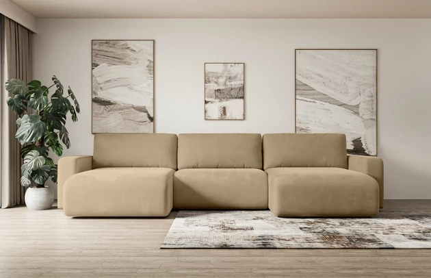 Bezug: Samt, Farbe: Beige - Kronos 35, Stellvariante: U-Form, Stoffbeschreibung: KRONOS: Scheuerfester (50.000 Martindale-Zyklen), flauschiger Möbelstoff mit weicher Plüschoberfläche, lichtecht (5), reibecht (4-5), pillingarm (4). Gewicht 275 g/m2 ±5%., Materialzusammensetzung: 100% Polyester, Pilling Resistenz: 5, Abriebfestigkeit: 5, Scheuerbeständigkeit: 50000 Martindale-Zyklen, Zimmer: Wohnzimmer, Tiefe: 143 cm, Breite: 347 cm, Höhe: 83 cm, Schlaffunktion: Mit Schlaffunktion, Länge der Schlaffläche: 305 cm, Breite der Schlaffläche: 123-cm, Liegehöhe: 40 cm, Anzahl der Sitzflächen: 4, Sitzfüllung: Wellenfeder + T30-Schaumstoff, Anzahl der Rückenkissen: 3, Art der Rückenkissen: Abnehmabr, Annzahl der Sitzkissen: 3, Material der Füße: Kunststoff, Höhe der Füße: 3,5 cm, Farbe der Füße: Schwarz, Tiefe der Armlehnen: 88 cm, Breite der Armlehnen: 23 cm, Breite der Ottomane: 100 cm, Tiefe der Ottomane: 107 cm, Tiefe der Sitzfläche: 52 cm, Sitzhöhe: 40 cm, Art des Stauraumes: Innenfach geschlossen - 1