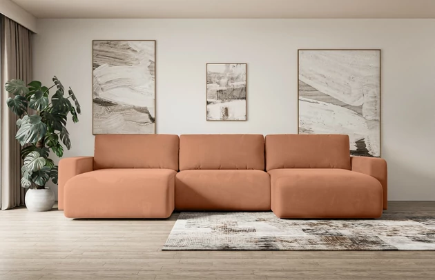 Bezug: Samt, Farbe: Apricot - Kronos 41, Stellvariante: U-Form, Stoffbeschreibung: KRONOS: Scheuerfester (50.000 Martindale-Zyklen), flauschiger Möbelstoff mit weicher Plüschoberfläche, lichtecht (5), reibecht (4-5), pillingarm (4). Gewicht 275 g/m2 ±5%., Materialzusammensetzung: 100% Polyester, Pilling Resistenz: 5, Abriebfestigkeit: 5, Scheuerbeständigkeit: 50000 Martindale-Zyklen, Zimmer: Wohnzimmer, Tiefe: 143 cm, Breite: 347 cm, Höhe: 83 cm, Schlaffunktion: Mit Schlaffunktion, Länge der Schlaffläche: 305 cm, Breite der Schlaffläche: 123 cm, Liegehöhe: 40 cm, Anzahl der Sitzflächen: 4, Sitzfüllung: Wellenfeder + T30-Schaumstoff, Anzahl der Rückenkissen: 3, Art der Rückenkissen: Abnehmabr, Annzahl der Sitzkissen: 3, Material der Füße: Kunststoff, Höhe der Füße: 3,5 cm, Farbe der Füße: Schwarz, Tiefe der Armlehnen: 88 cm, Breite der Armlehnen: 23 cm, Breite der Ottomane: 100 cm, Tiefe der Ottomane: 107 cm, Tiefe der Sitzfläche: 52 cm, Sitzhöhe: 40 cm, Art des Stauraumes: Innenfach geschlossen - 1