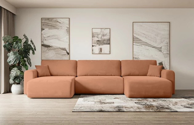 Bezug: Samt, Farbe: Apricot - Kronos 41, Stellvariante: U-Form, Stoffbeschreibung: KRONOS: Scheuerfester (50.000 Martindale-Zyklen), flauschiger Möbelstoff mit weicher Plüschoberfläche, lichtecht (5), reibecht (4-5), pillingarm (4). Gewicht 275 g/m2 ±5%., Materialzusammensetzung: 100% Polyester, Pilling Resistenz: 5, Abriebfestigkeit: 5, Scheuerbeständigkeit: 50000 Martindale-Zyklen, Zimmer: Wohnzimmer, Tiefe: 145 cm, Breite: 362 cm, Höhe: 83 cm, Schlaffunktion: Mit Schlaffunktion, Länge der Schlaffläche: 321 cm, Breite der Schlaffläche: 125 cm, Liegehöhe: 40 cm, Anzahl der Sitzflächen: 4, Sitzfüllung: Wellenfeder + T30-Schaumstoff, Anzahl der Rückenkissen: 3, Art der Rückenkissen: Abnehmabr, Annzahl der Sitzkissen: 3, Anzahl der Zierkissen: 2, Material der Füße: Kunststoff, Höhe der Füße: 3,5 cm, Farbe der Füße: Schwarz, Tiefe der Armlehnen: 90 cm, Breite der Armlehnen: 22 cm, Breite der Ottomane: 93 cm, Tiefe der Ottomane: 106 cm, Tiefe der Sitzfläche: 50 cm, Sitzhöhe: 40 cm, Art des Stauraumes: Innenfach geschlossen - 1