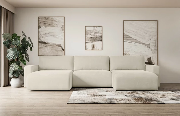 Bezug: Samt, Farbe: Beige - Paros 01, Stellvariante: U-Form, Stoffbeschreibung: paros-ist-ein-sehr-weicher-mobelstoff-mit-einer-angenehmen-haptik-50-000-martindale-zyklen-100-pes-pillingarm4-5-reibecht4-5-lichtecht67-gewicht-260-g-m2-±5, Materialzusammensetzung: 100% Polyester, Pilling Resistenz: 5, Abriebfestigkeit: 5, Scheuerbeständigkeit: 50000 Martindale-Zyklen, Zimmer: Wohnzimmer, Tiefe: 143 cm, Breite: 347 cm, Höhe: 83 cm, Schlaffunktion: Mit Schlaffunktion, Länge der Schlaffläche: 305 cm, Breite der Schlaffläche: 123-cm, Liegehöhe: 40 cm, Anzahl der Sitzflächen: 4, Sitzfüllung: Wellenfeder + T30-Schaumstoff, Anzahl der Rückenkissen: 3, Art der Rückenkissen: Abnehmabr, Annzahl der Sitzkissen: 3, Material der Füße: Kunststoff, Höhe der Füße: 3,5 cm, Farbe der Füße: Schwarz, Tiefe der Armlehnen: 88 cm, Breite der Armlehnen: 23 cm, Breite der Ottomane: 100 cm, Tiefe der Ottomane: 107 cm, Tiefe der Sitzfläche: 52 cm, Sitzhöhe: 40 cm, Art des Stauraumes: Innenfach geschlossen - 1