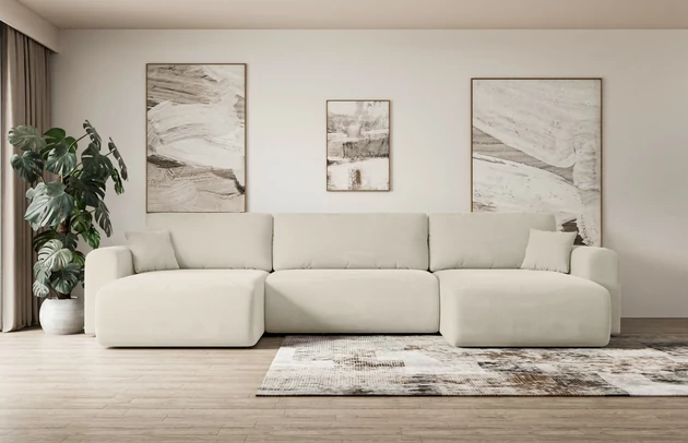 Bezug: Samt, Farbe: Beige - Paros 01, Stellvariante: U-Form, Stoffbeschreibung: paros-ist-ein-sehr-weicher-mobelstoff-mit-einer-angenehmen-haptik-50-000-martindale-zyklen-100-pes-pillingarm4-5-reibecht4-5-lichtecht67-gewicht-260-g-m2-±5, Materialzusammensetzung: 100% Polyester, Pilling Resistenz: 5, Abriebfestigkeit: 5, Scheuerbeständigkeit: 50000 Martindale-Zyklen, Zimmer: Wohnzimmer, Tiefe: 145 cm, Breite: 362 cm, Höhe: 83 cm, Schlaffunktion: Mit Schlaffunktion, Länge der Schlaffläche: 321 cm, Breite der Schlaffläche: 125-cm, Liegehöhe: 40 cm, Anzahl der Sitzflächen: 4, Sitzfüllung: Wellenfeder + T30-Schaumstoff, Anzahl der Rückenkissen: 3, Art der Rückenkissen: Abnehmabr, Annzahl der Sitzkissen: 3, Anzahl der Zierkissen: 2, Material der Füße: Kunststoff, Höhe der Füße: 3,5 cm, Farbe der Füße: Schwarz, Tiefe der Armlehnen: 90 cm, Breite der Armlehnen: 22 cm, Breite der Ottomane: 93 cm, Tiefe der Ottomane: 106 cm, Tiefe der Sitzfläche: 50 cm, Sitzhöhe: 40 cm, Art des Stauraumes: Innenfach geschlossen - 1