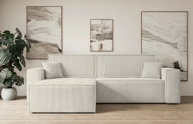 Bezug: Cord, Farbe: Cremeweiß - Poso 100, Stellvariante: Universall - Links/Rechts angeordnet, Stoffbeschreibung: POSO ist ein angenehm anzufühlender Velours mit Kordstruktur (35000 MartindaleZyklen) und leicht zu reinigender Möbellstoff, lichtecht (5) und pillingarm (5), Gewicht 380 g/m2 ±5%, Materialzusammensetzung: 90% Polyseter, 10% Nylon, Pilling Resistenz: 5, Abriebfestigkeit: 5, Scheuerbeständigkeit: 30000 Martindale-Zyklen, Zimmer: Wohnzimmer, Tiefe: 143 cm, Breite: 277 cm, Höhe: 83 cm, Schlaffunktion: Mit Schlaffunktion, Länge der Schlaffläche: 230 cm, Breite der Schlaffläche: 130-cm, Liegehöhe: 40 cm, Anzahl der Sitzflächen: 3, Sitzfüllung: Wellenfeder + T30-Schaumstoff, Anzahl der Rückenkissen: 2, Art der Rückenkissen: Abnehmabr, Annzahl der Sitzkissen: 2, Anzahl der Zierkissen: 2, Material der Füße: Kunststoff, Höhe der Füße: 3,5 cm, Farbe der Füße: Schwarz, Tiefe der Armlehnen: 88 cm, Breite der Armlehnen: 23 cm, Breite der Ottomane: 100 cm, Tiefe der Ottomane: 107 cm, Tiefe der Sitzfläche: 52 cm, Sitzhöhe: 40 cm, Art des Stauraumes: Innenfach geschlossen - 1