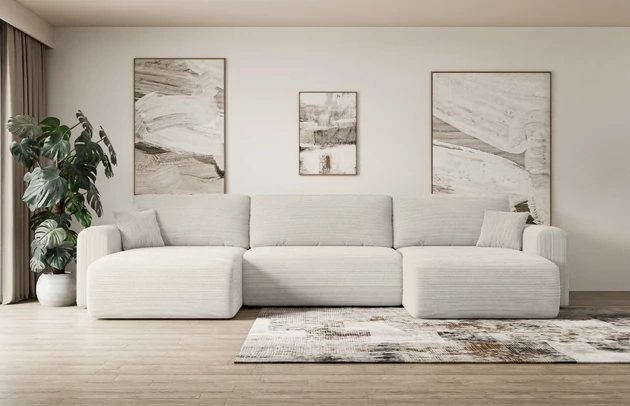 Bezug: Cord, Farbe: Cremeweiß - Poso 100, Stellvariante: U-Form, Stoffbeschreibung: POSO ist ein angenehm anzufühlender Velours mit Kordstruktur (35000 MartindaleZyklen) und leicht zu reinigender Möbellstoff, lichtecht (5) und pillingarm (5), Gewicht 380 g/m2 ±5%, Materialzusammensetzung: 90% Polyseter, 10% Nylon, Pilling Resistenz: 5, Abriebfestigkeit: 5, Scheuerbeständigkeit: 30000 Martindale-Zyklen, Zimmer: Wohnzimmer, Tiefe: 145 cm, Breite: 362 cm, Höhe: 83 cm, Schlaffunktion: Mit Schlaffunktion, Länge der Schlaffläche: 321 cm, Breite der Schlaffläche: 125-cm, Liegehöhe: 40 cm, Anzahl der Sitzflächen: 4, Sitzfüllung: Wellenfeder + T30-Schaumstoff, Anzahl der Rückenkissen: 3, Art der Rückenkissen: Abnehmabr, Annzahl der Sitzkissen: 3, Anzahl der Zierkissen: 2, Material der Füße: Kunststoff, Höhe der Füße: 3,5 cm, Farbe der Füße: Schwarz, Tiefe der Armlehnen: 90 cm, Breite der Armlehnen: 22 cm, Breite der Ottomane: 93 cm, Tiefe der Ottomane: 106 cm, Tiefe der Sitzfläche: 50 cm, Sitzhöhe: 40 cm, Art des Stauraumes: Innenfach geschlossen - 1