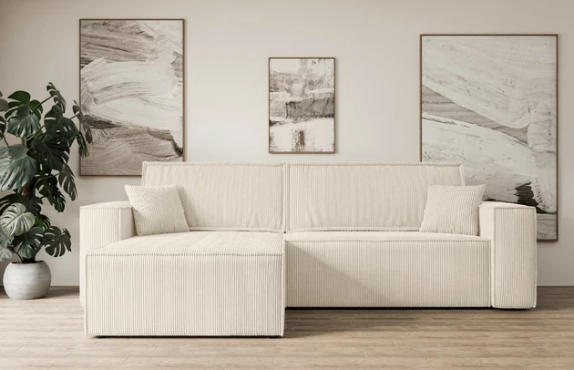 Bezug: Cord, Farbe: Beige - Poso 105, Stellvariante: Universall - Links/Rechts angeordnet, Stoffbeschreibung: POSO ist ein angenehm anzufühlender Velours mit Kordstruktur (35000 MartindaleZyklen) und leicht zu reinigender Möbellstoff, lichtecht (5) und pillingarm (5), Gewicht 380 g/m2 ±5%, Materialzusammensetzung: 90% Polyseter, 10% Nylon, Pilling Resistenz: 5, Abriebfestigkeit: 5, Scheuerbeständigkeit: 30000 Martindale-Zyklen, Zimmer: Wohnzimmer, Tiefe: 143 cm, Breite: 277 cm, Höhe: 83 cm, Schlaffunktion: Mit Schlaffunktion, Länge der Schlaffläche: 230 cm, Breite der Schlaffläche: 130-cm, Liegehöhe: 40 cm, Anzahl der Sitzflächen: 3, Sitzfüllung: Wellenfeder + T30-Schaumstoff, Anzahl der Rückenkissen: 2, Art der Rückenkissen: Abnehmabr, Annzahl der Sitzkissen: 2, Anzahl der Zierkissen: 2, Material der Füße: Kunststoff, Höhe der Füße: 3,5 cm, Farbe der Füße: Schwarz, Tiefe der Armlehnen: 88 cm, Breite der Armlehnen: 23 cm, Breite der Ottomane: 100 cm, Tiefe der Ottomane: 107 cm, Tiefe der Sitzfläche: 52 cm, Sitzhöhe: 40 cm, Art des Stauraumes: Innenfach geschlossen - 1