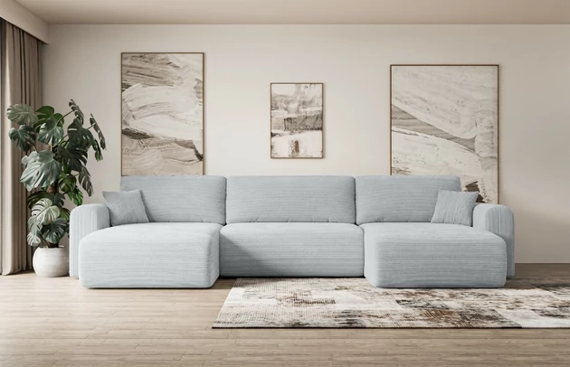 Bezug: Cord, Farbe: Grau - Poso 110, Stellvariante: U-Form, Stoffbeschreibung: POSO ist ein angenehm anzufühlender Velours mit Kordstruktur (35000 MartindaleZyklen) und leicht zu reinigender Möbellstoff, lichtecht (5) und pillingarm (5), Gewicht 380 g/m2 ±5%, Materialzusammensetzung: 90% Polyseter, 10% Nylon, Pilling Resistenz: 5, Abriebfestigkeit: 5, Scheuerbeständigkeit: 30000 Martindale-Zyklen, Zimmer: Wohnzimmer, Tiefe: 145 cm, Breite: 362 cm, Höhe: 83 cm, Schlaffunktion: Mit Schlaffunktion, Länge der Schlaffläche: 321 cm, Breite der Schlaffläche: 125 cm, Liegehöhe: 40 cm, Anzahl der Sitzflächen: 4, Anzahl der Rückenkissen: 3, Art der Rückenkissen: Abnehmabr, Annzahl der Sitzkissen: 3, Anzahl der Zierkissen: 2, Material der Füße: Kunststoff, Höhe der Füße: 3,5 cm, Farbe der Füße: Schwarz, Tiefe der Armlehnen: 90 cm, Breite der Armlehnen: 22 cm, Breite der Ottomane: 93 cm, Tiefe der Ottomane: 106 cm, Tiefe der Sitzfläche: 50 cm, Sitzhöhe: 40 cm, Art des Stauraumes: Innenfach geschlossen - 1