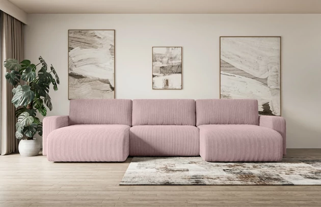 Bezug: Cord, Farbe: Rosa - Poso 145, Stellvariante: U-Form, Stoffbeschreibung: POSO ist ein angenehm anzufühlender Velours mit Kordstruktur (35000 MartindaleZyklen) und leicht zu reinigender Möbellstoff, lichtecht (5) und pillingarm (5), Gewicht 380 g/m2 ±5%, Materialzusammensetzung: 90% Polyseter, 10% Nylon, Pilling Resistenz: 5, Abriebfestigkeit: 5, Scheuerbeständigkeit: 30000 Martindale-Zyklen, Zimmer: Wohnzimmer, Tiefe: 143 cm, Breite: 347 cm, Höhe: 83 cm, Schlaffunktion: Mit Schlaffunktion, Länge der Schlaffläche: 305 cm, Breite der Schlaffläche: 123-cm, Liegehöhe: 40 cm, Anzahl der Sitzflächen: 4, Anzahl der Rückenkissen: 3, Art der Rückenkissen: Abnehmabr, Annzahl der Sitzkissen: 3, Material der Füße: Kunststoff, Höhe der Füße: 3,5 cm, Farbe der Füße: Schwarz, Tiefe der Armlehnen: 88 cm, Breite der Armlehnen: 23 cm, Breite der Ottomane: 100 cm, Tiefe der Ottomane: 107 cm, Tiefe der Sitzfläche: 52 cm, Sitzhöhe: 40 cm, Art des Stauraumes: Innenfach geschlossen - 1