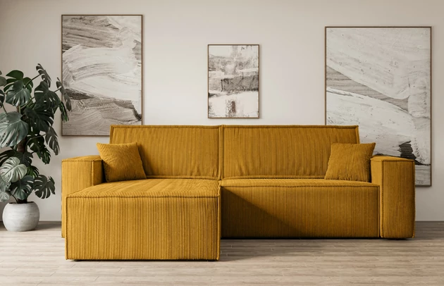 Bezug: Cord, Farbe: Senfgelb - Poso 42, Stellvariante: Universall - Links/Rechts angeordnet, Stoffbeschreibung: POSO ist ein angenehm anzufühlender Velours mit Kordstruktur (35000 MartindaleZyklen) und leicht zu reinigender Möbellstoff, lichtecht (5) und pillingarm (5), Gewicht 380 g/m2 ±5%, Materialzusammensetzung: 90% Polyseter, 10% Nylon, Pilling Resistenz: 5, Abriebfestigkeit: 5, Scheuerbeständigkeit: 30000 Martindale-Zyklen, Zimmer: Wohnzimmer, Tiefe: 143 cm, Breite: 277 cm, Höhe: 83 cm, Schlaffunktion: Mit Schlaffunktion, Länge der Schlaffläche: 230 cm, Breite der Schlaffläche: 130-cm, Liegehöhe: 40 cm, Anzahl der Sitzflächen: 3, Sitzfüllung: Wellenfeder + T30-Schaumstoff, Anzahl der Rückenkissen: 2, Art der Rückenkissen: Abnehmabr, Annzahl der Sitzkissen: 2, Anzahl der Zierkissen: 2, Material der Füße: Kunststoff, Höhe der Füße: 3,5 cm, Farbe der Füße: Schwarz, Tiefe der Armlehnen: 88 cm, Breite der Armlehnen: 23 cm, Breite der Ottomane: 100 cm, Tiefe der Ottomane: 107 cm, Tiefe der Sitzfläche: 52 cm, Sitzhöhe: 40 cm, Art des Stauraumes: Innenfach geschlossen - 1