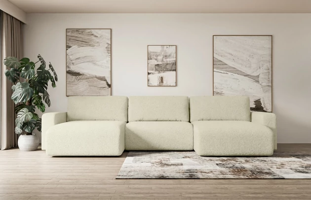 Bezug: Bouclé, Farbe: Beige - Quelle 02, Stellvariante: U-Form, Stoffbeschreibung: polsterstoff-quelle-hochwertiger-boucle-stoff-strapazierfahig-atmungsaktiv-und-pflegeleicht-80-000-martindale-zyklen-100-pes-pillingarm4-5-gewicht-315-g-m2-±5, Materialzusammensetzung: 100% Polyester, Pilling Resistenz: 5, Abriebfestigkeit: 5, Scheuerbeständigkeit: 80000 Martindale-Zyklen, Zimmer: Wohnzimmer, Tiefe: 143 cm, Breite: 347 cm, Höhe: 83 cm, Schlaffunktion: Mit Schlaffunktion, Länge der Schlaffläche: 305 cm, Breite der Schlaffläche: 123-cm, Liegehöhe: 40 cm, Anzahl der Sitzflächen: 4, Sitzfüllung: Wellenfeder + T30-Schaumstoff, Anzahl der Rückenkissen: 3, Art der Rückenkissen: Abnehmabr, Annzahl der Sitzkissen: 3, Material der Füße: Kunststoff, Höhe der Füße: 3,5 cm, Farbe der Füße: Schwarz, Tiefe der Armlehnen: 88 cm, Breite der Armlehnen: 23 cm, Breite der Ottomane: 100 cm, Tiefe der Ottomane: 107 cm, Tiefe der Sitzfläche: 52 cm, Sitzhöhe: 40 cm, Art des Stauraumes: Innenfach geschlossen - 1