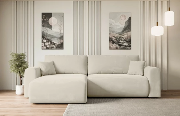 Bezug: Samt, Farbe: Beige - Paros 01, Stellvariante: Universall - Links/Rechts angeordnet, Stoffbeschreibung: paros-ist-ein-sehr-weicher-mobelstoff-mit-einer-angenehmen-haptik-50-000-martindale-zyklen-100-pes-pillingarm4-5-reibecht4-5-lichtecht67-gewicht-260-g-m2-±5, Materialzusammensetzung: 100% Polyester, Pilling Resistenz: 5, Abriebfestigkeit: 5, Scheuerbeständigkeit: 50000 Martindale-Zyklen, Zimmer: Wohnzimmer, Tiefe: 145 cm, Breite: 272 cm, Höhe: 83 cm, Schlaffunktion: Mit Schlaffunktion, Länge der Schlaffläche: 204 cm, Breite der Schlaffläche: 120 cm, Liegehöhe: 40 cm, Anzahl der Sitzflächen: 3, Sitzfüllung: Wellenfeder + T30-Schaumstoff, Anzahl der Rückenkissen: 2, Art der Rückenkissen: Abnehmabr, Annzahl der Sitzkissen: 2, Anzahl der Zierkissen: 2, Material der Füße: Kunststoff, Höhe der Füße: 3,5 cm, Farbe der Füße: Schwarz, Tiefe der Armlehnen: 90 cm, Breite der Armlehnen: 22 cm, Breite der Ottomane: 93 cm, Tiefe der Ottomane: 106 cm, Tiefe der Sitzfläche: 50 cm, Sitzhöhe: 40 cm, Art des Stauraumes: Innenfach geschlossen - 1