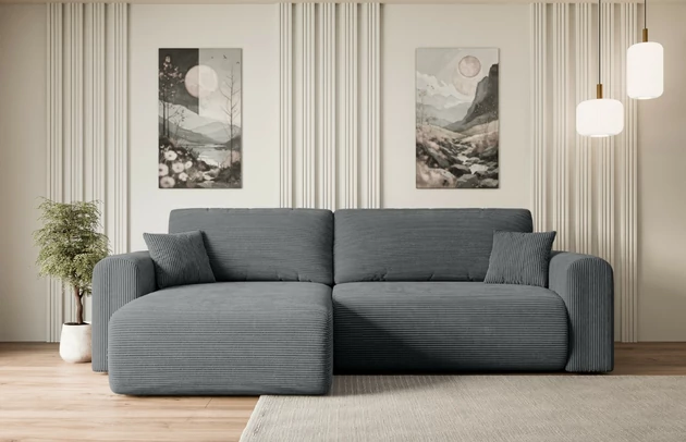 Bezug: Cord, Farbe: Dunkelgrau - Poso 115, Stellvariante: Universall - Links/Rechts angeordnet, Stoffbeschreibung: POSO ist ein angenehm anzufühlender Velours mit Kordstruktur (35000 MartindaleZyklen) und leicht zu reinigender Möbellstoff, lichtecht (5) und pillingarm (5), Gewicht 380 g/m2 ±5%, Materialzusammensetzung: 90% Polyseter, 10% Nylon, Pilling Resistenz: 5, Abriebfestigkeit: 5, Scheuerbeständigkeit: 30000 Martindale-Zyklen, Zimmer: Wohnzimmer, Tiefe: 145 cm, Breite: 272 cm, Höhe: 83 cm, Schlaffunktion: Mit Schlaffunktion, Länge der Schlaffläche: 204 cm, Breite der Schlaffläche: 120 cm, Liegehöhe: 40 cm, Anzahl der Sitzflächen: 3, Sitzfüllung: Wellenfeder + T30-Schaumstoff, Anzahl der Rückenkissen: 2, Art der Rückenkissen: Abnehmabr, Annzahl der Sitzkissen: 2, Anzahl der Zierkissen: 2, Material der Füße: Kunststoff, Höhe der Füße: 3,5 cm, Farbe der Füße: Schwarz, Tiefe der Armlehnen: 90 cm, Breite der Armlehnen: 22 cm, Breite der Ottomane: 93 cm, Tiefe der Ottomane: 106 cm, Tiefe der Sitzfläche: 50 cm, Sitzhöhe: 40 cm, Art des Stauraumes: Innenfach geschlossen - 1