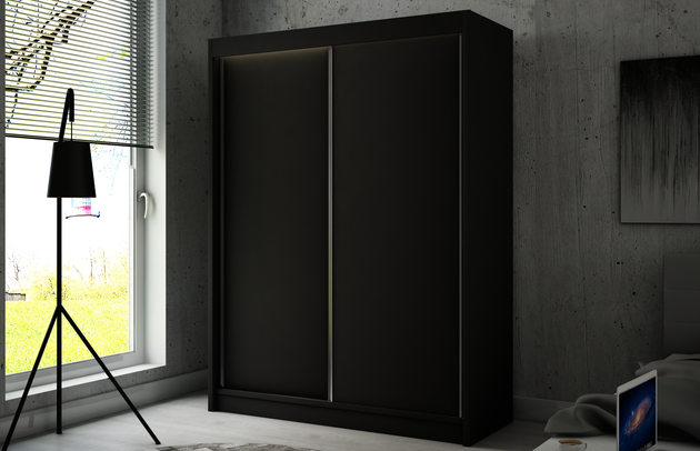 Höhe: 215 cm, Fachinnenmaß - Höhe: 32 cm, Abmeßung: 120-cm-x-61-cm-x-215-cm, Front-Typ: Holz, Anzahl der Türen: 2, Art der Griffe: Griffleiste, Tiefe: 61 cm, Farbe: Schwarz, Fachinnenmaß - Tiefe: 47 cm, Art der Türen: Schwebetüren, Anzahl der Fächer: 6, Zimmer: Schlafzimmer, Fachinnenmaß - Breite: 40 cm, Anzahl der Kleiderstangen: 1, Fachinnenmaß 2 - Höhe: 58 cm, Breite: 120 cm, Fachinnenmaß 2 - Breite: 45 cm, Länge der Kleiderstange 1: 70 cm, Material der Rückwand: MDF, Art des Leuchtmittels: Mit LED, Länge der Kleiderstangen: 70 cm, Breite des Fachinnenmaßes: 58 cm, Breite des Fachinnenmaßes 2: 45 cm, Größe: 120 cm x 61 cm x 215 cm - 1