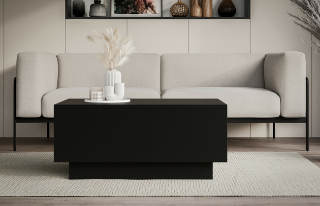 Zimmer: Wohnzimmer, Art des Gestells: Sockelgestell, Höhe der Tischplatte: 1,6 cm, Breite der Tischplatte: 60 cm, Oberflächenoptik: Matt, Farbe: Schwarz, Farbe der Tischplatte: Schwarz, Farbe des Gestells: Schwarz, Breite: 90 cm, Tiefe: 60 cm, Höhe: 40 cm, Form: rechteckig, Material des Gestells: Holzwerkstoff - 1