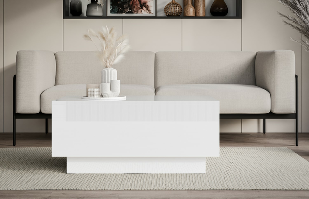 Zimmer: Wohnzimmer, Art des Gestells: Sockelgestell, Höhe der Tischplatte: 1,6 cm, Breite der Tischplatte: 60 cm, Oberflächenoptik: Glänzend, Farbe: Weiß Hochglanz, Farbe der Tischplatte: Weiß Hochglanz, Farbe des Gestells: Weiß Hochglanz, Breite: 90 cm, Tiefe: 60 cm, Höhe: 40 cm, Form: rechteckig, Material des Gestells: Holzwerkstoff - 1