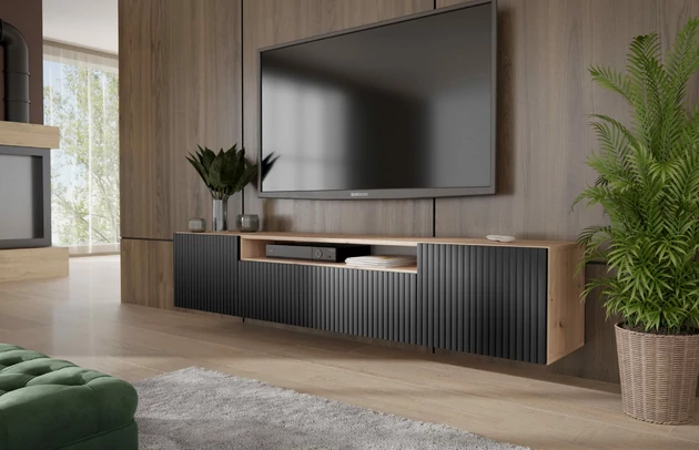 Material: Holzwerkstoff, Material der Rückwand: MDF, Ausführung: Hängend, Größe: 200 cm, Farbe: Artisan und Schwarz, Zimmer: Wohnzimmer, Anzahl der Türen: 3, Front-Typ: Gefräste, Art der Griffe: Griffleiste, Art der Türen: Klapptür, Breite: 200 cm, Tiefe: 41 cm, Höhe: 40 cm, Geschlossene Fächer: 3, Offene Fächer: 1 - 1