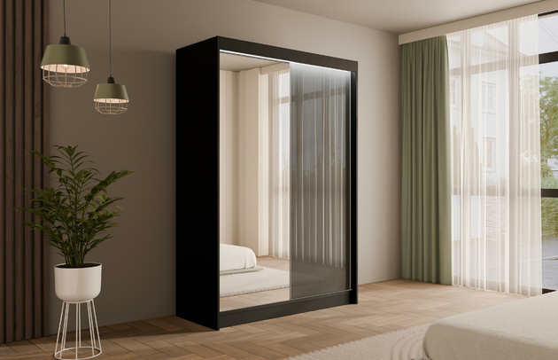 Höhe: 215 cm, Anzahl der Kleiderstangen: 1, Abmeßung: 120-cm-x-61-cm-x-215-cm, Farbe: Schwarz + Lacobel Grau, Zimmer: Schlafzimmer, Breite: 120 cm, Fachinnenmaß - Tiefe: 47 cm, Anzahl der Spiegel: 1, Art der Türen: Schwebetüren, Anzahl der Fächer: 6, Front-Typ: Lacobel, Anzahl der Türen: 2, Fachinnenmaß - Höhe: 32 cm, Fachinnenmaß - Breite: 40 cm, Fachinnenmaß 2 - Höhe: 58 cm, Art der Griffe: Griffleiste, Fachinnenmaß 2 - Breite: 45 cm, Länge der Kleiderstange 2: Nicht zutreffend, Länge der Kleiderstange 1: 70 cm, Material der Rückwand: MDF, Tiefe: 61 cm, Art des Leuchtmittels: Mit LED, Länge der Kleiderstangen: 70 cm, Breite des Fachinnenmaßes: 58 cm, Breite des Fachinnenmaßes 2: 45 cm, Material: Holzwerkstoff, Größe: 120 cm x 61 cm x 215 cm - 1