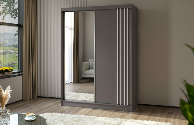 Art der Griffe: Griffleiste, Höhe: 216 cm, Abmeßung: 160 cm x 61 cm x 216 cm, Anzahl der Schubladen: Ohne Schubladen, Anzahl der Fächer: 5, Anzahl der Kleiderstangen: 1, Schubladeninnenmaß - Tiefe: Nicht zutreffend, Anzahl der Spiegel: 1, Anzahl der Türen: 2, Zimmer: Schlafzimmer, Art des Leuchtmittels: Mit LED, Farbe: Grau + Grau + Weiß, Art der Türen: Schwebetüren, Front-Typ: Lamellen, Breite: 160 cm, Schubladeninnenmaß - Höhe: Nicht zutreffend, Tiefe: 61 cm, Material der Rückwand: MDF, Länge der Kleiderstange 1: 78 cm, Länge der Kleiderstange 2: Nicht zutreffend, Fachinnenmaß - Höhe: 34 cm, Fachinnenmaß 2 - Höhe: 41 cm, Fachinnenmaß - Breite: 157 cm, Fachinnenmaß 2 - Breite: 78 cm, Fachinnenmaß - Tiefe: 47 cm, Länge der Kleiderstangen: 78 cm, Breite des Fachinnenmaßes: 41 cm, Breite des Fachinnenmaßes 2: 78 cm, Material: Holzwerkstoff, Größe: 160 cm x 61 cm x 216 cm - 1